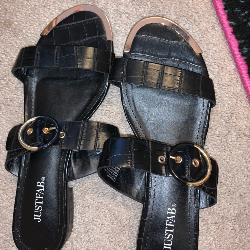 JustFab Black Two Strap Gold Accent Sandals
